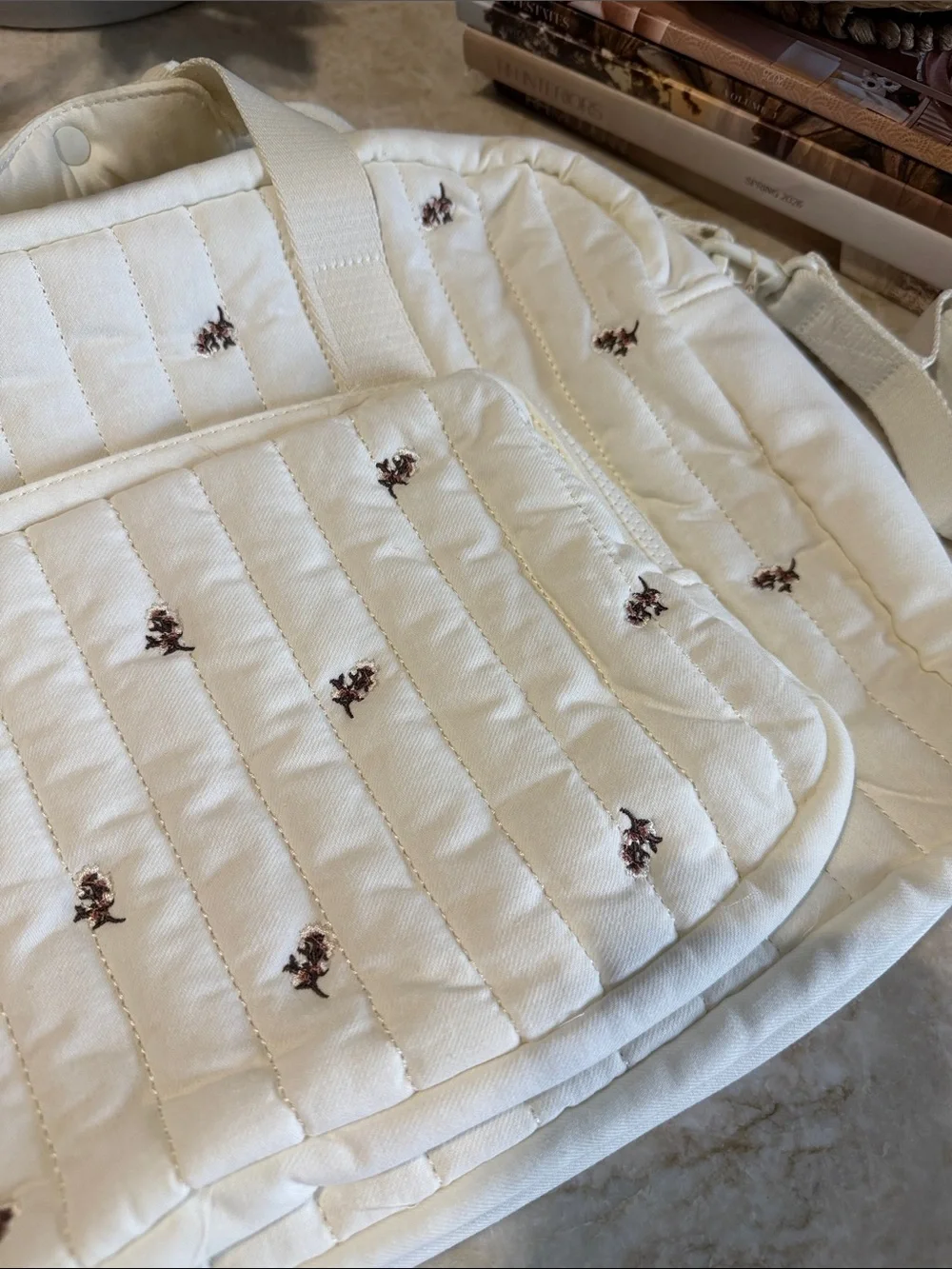 Zara Cream Quilted Kids diaper Shoulder Bag with Brown Floral Embroidery